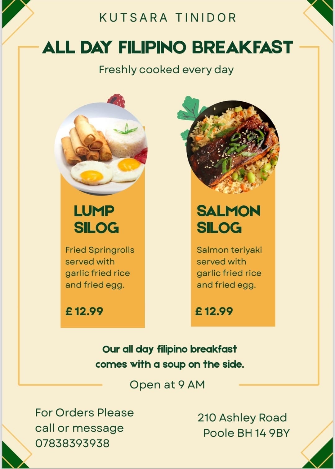 Kutsara Tinidor all day Filipino breakfast: Lump Silog fried spring rolls £12.99 and Salmon Silog salmon teriyaki £12.99, each with garlic fried rice and fried egg